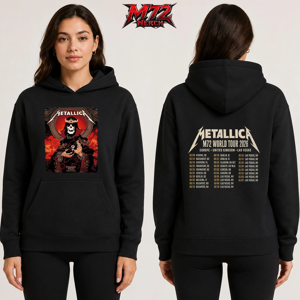 Metallica M72 World Tour June 28 2026 Cardiff Wales Principality Stadium two sided Hoodie featuring Grim King Artwork by Peter Diamond with a crowned skeleton, Celtic knotwork, medieval castle, Viking ships, ornate robes, fiery sky, and gothic heavy metal artwork